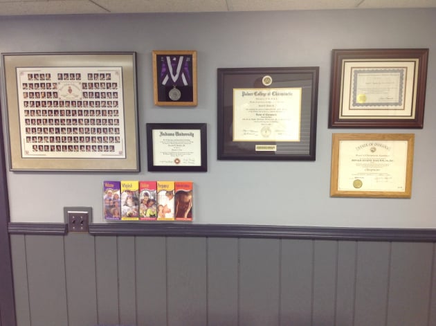 Wall of Dr. Daulton's Degrees at Hammond Chiropractic